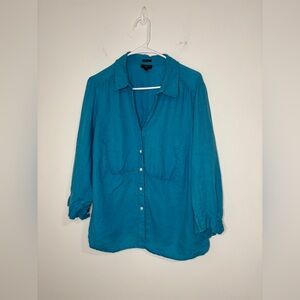 Talbots Irish Linen Button Down Blouse Empire Pleated Waist Sz 14W 3/4 Sleeve